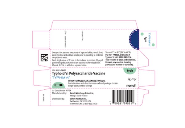 Typhim Vi typhoid Vi polysaccharide vaccine 0.5 mL single-dose prefilled syringe carton, NDC 49281-790-51